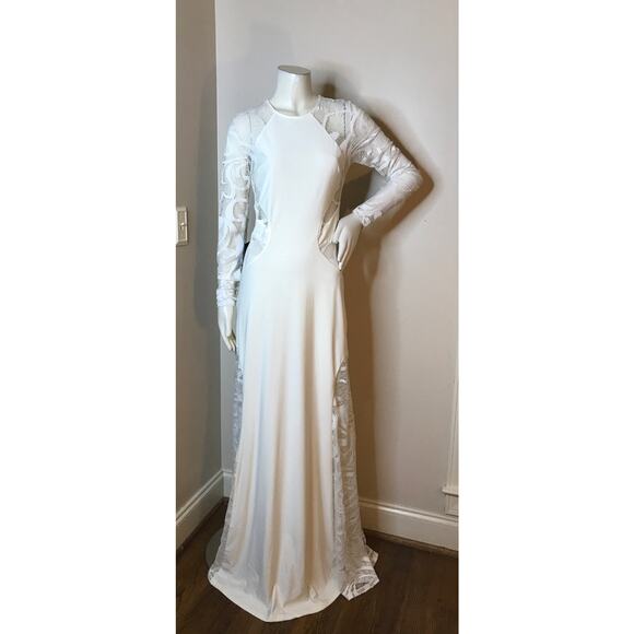 Bebe White Long Sleeve Cut Out Lace Gown M Bohemian Formal Maxi Dress Wedding - Picture 1 of 16